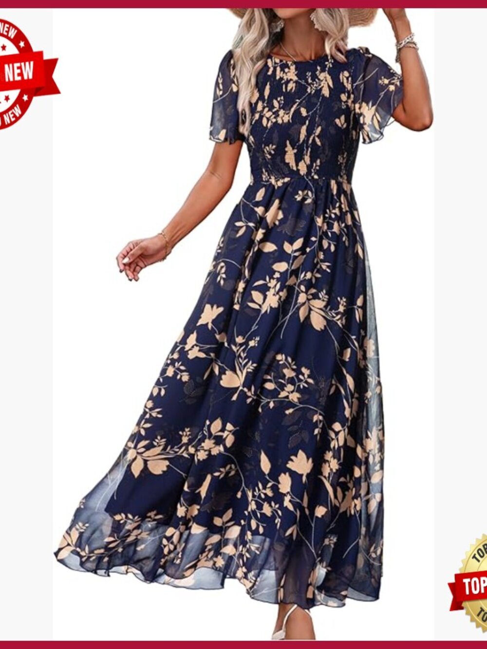 Summer Maxi Dress Floral Boho Flowy Chiffon Smocked Top Short Sleeve - Picture 1 of 7